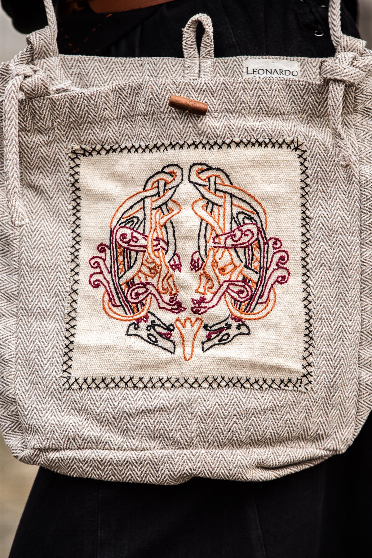 Embroidered Viking Bag Urnes with Herringbone Pattern