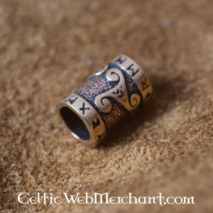 Beard bead with triskelion & runic inscription, bronze