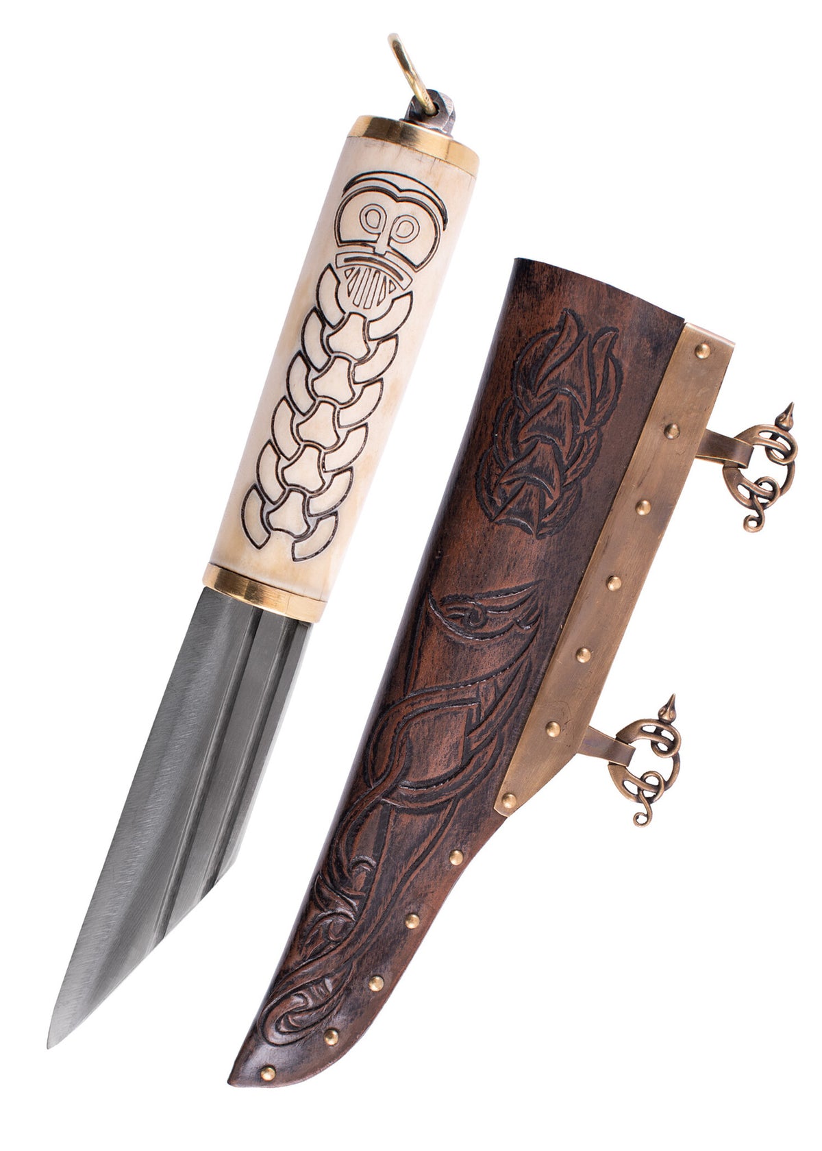Small Norse viking seax with decorated bone grip, semi-sharp