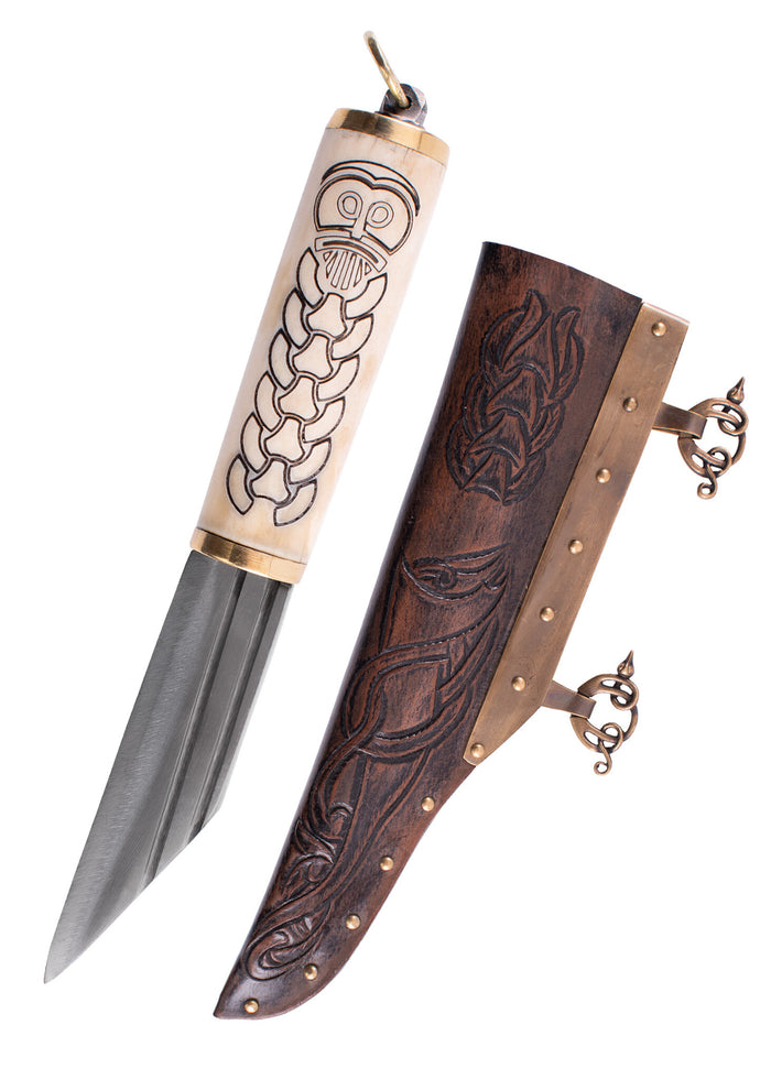 Small Norse viking seax with decorated bone grip, semi-sharp