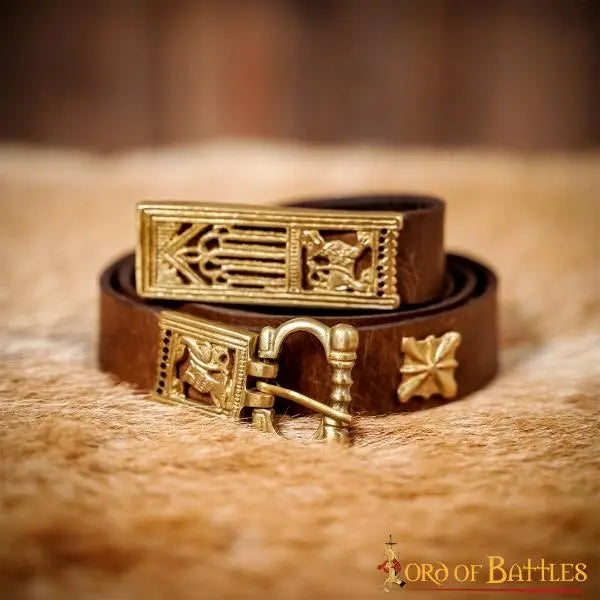 Medieval leather belt with brass fittings, brown
