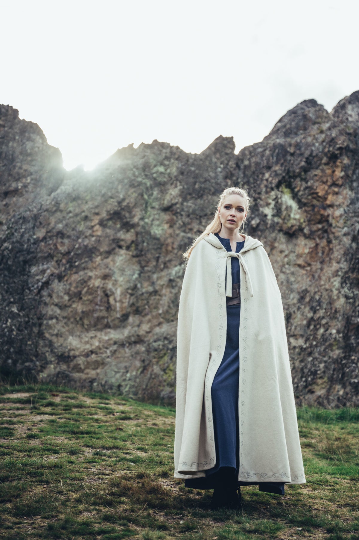 Embroidered cloak Damia, cream, wool mix