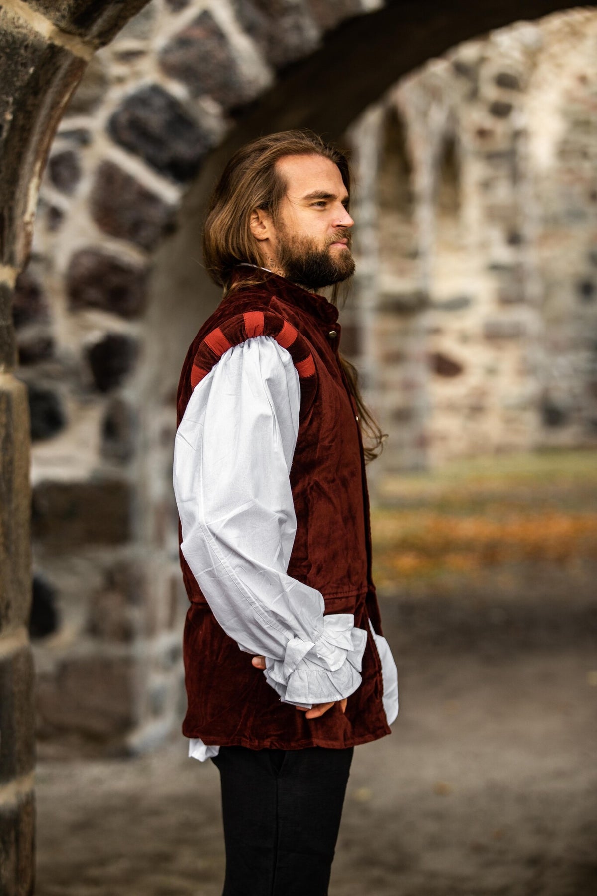 Velvet doublet with metal buttons, red