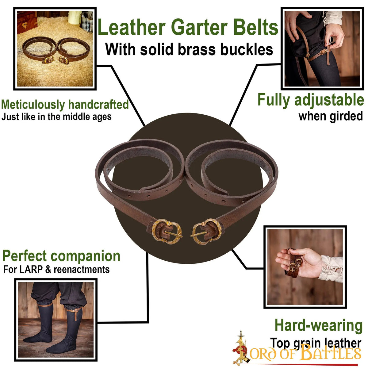 Medieval leather garters, brown