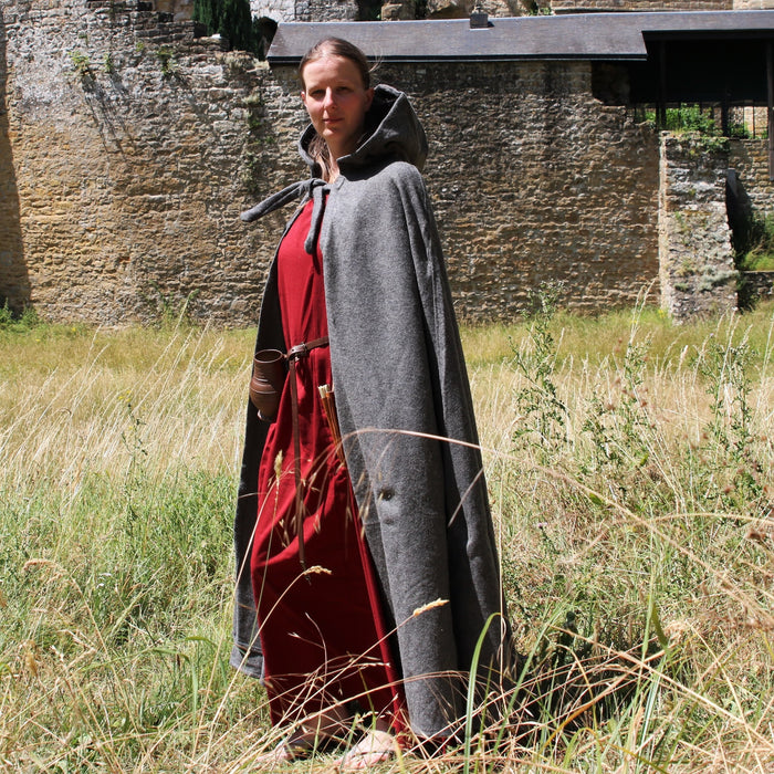 Medieval cloak with hood, grey, wool mix