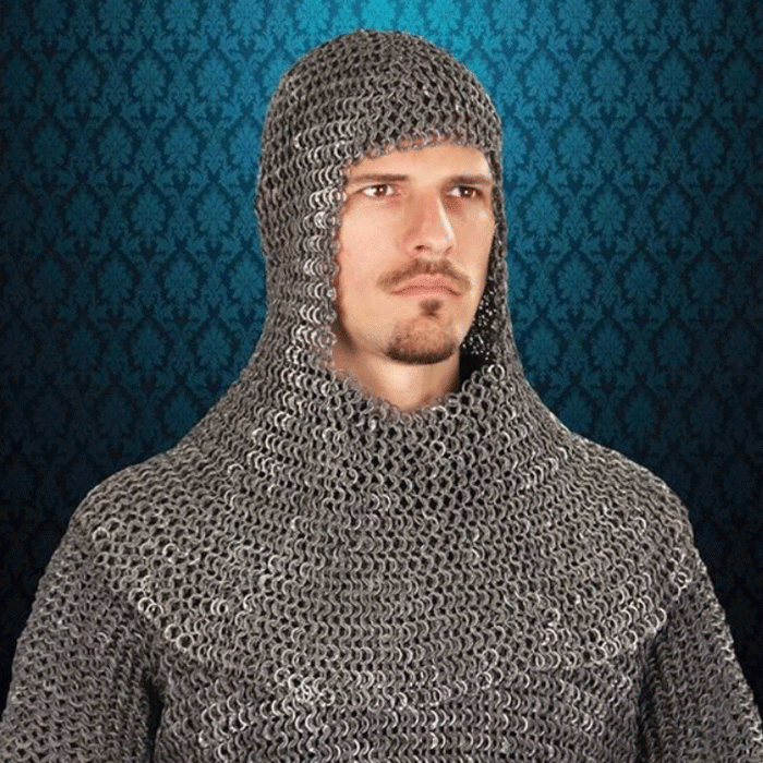 Chainmail coif, blackened aluminium, riveted rings