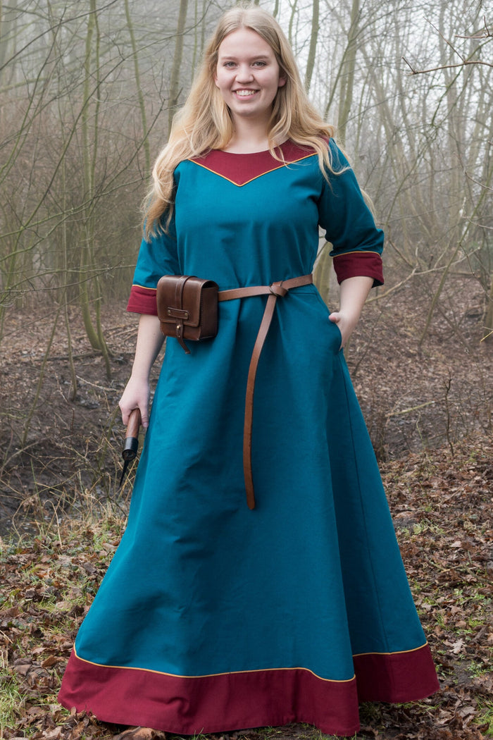 (Early) Medieval dress Gesine, teal blue-red