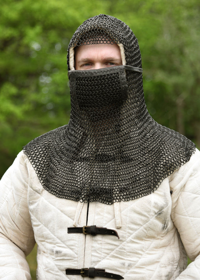 Chainmail coif with square ventail, bronzed, 8 mm