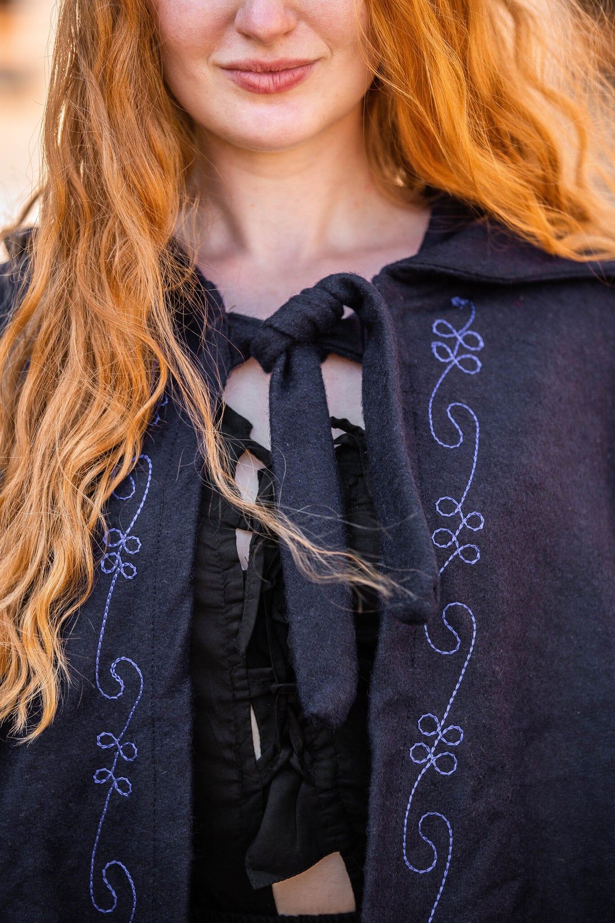 Embroidered cloak Damia, blue, wool mix