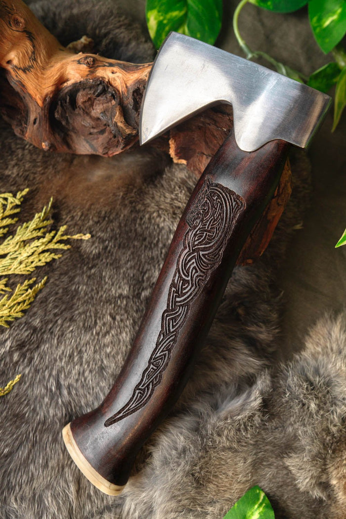Stainless steel Viking hand axe with Mjolnir, semi-sharp