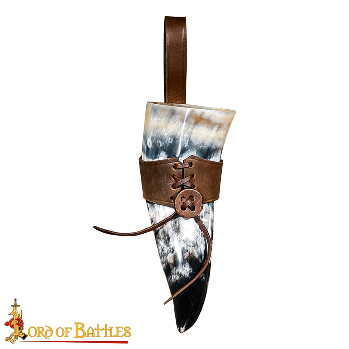 Natural drinking horn with leather holder