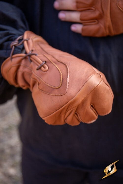 Fingerless gloves with laces, brown