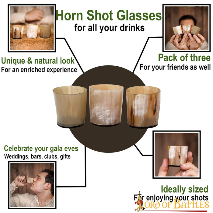 Three horn shot glasses, 100-200 ml