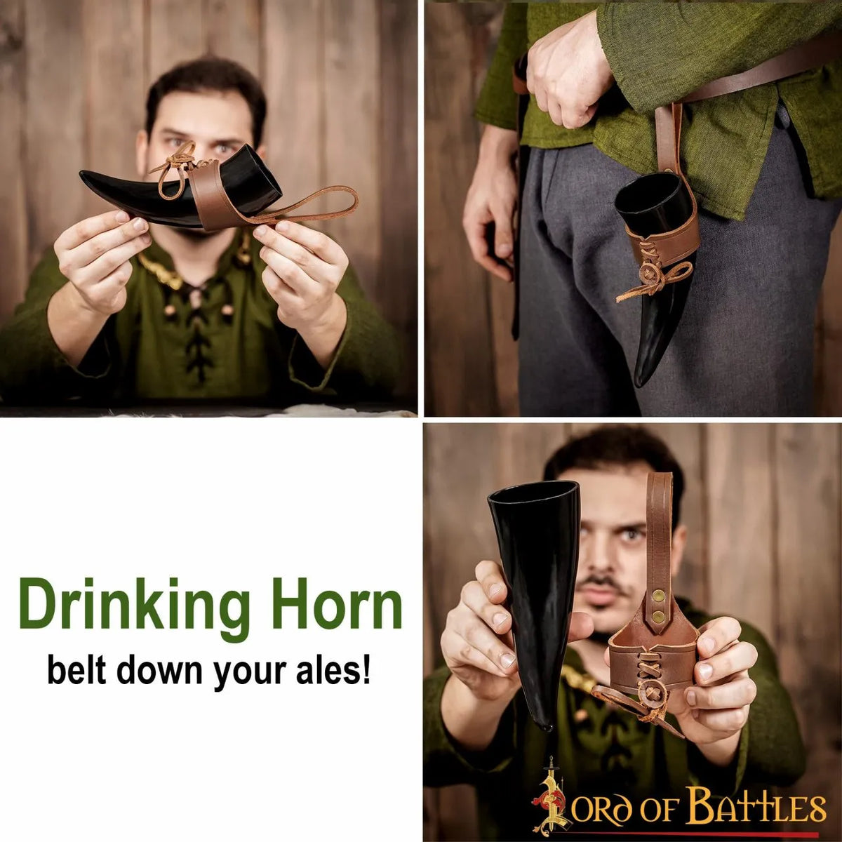 Natural drinking horn with leather holder
