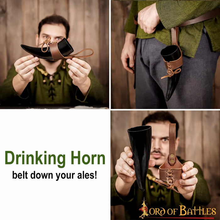 Natural drinking horn with leather holder