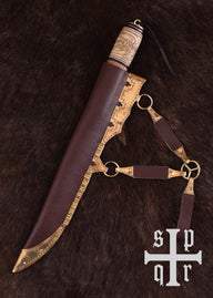 Viking seax with knot motif, damascus steel, semi-sharp