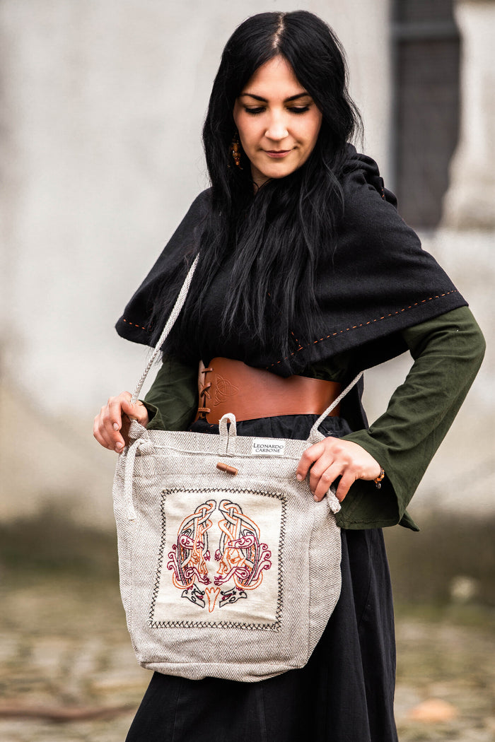 Embroidered Viking Bag Urnes with Herringbone Pattern