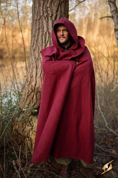 Medieval hooded cloak Thomas, red, wool mix