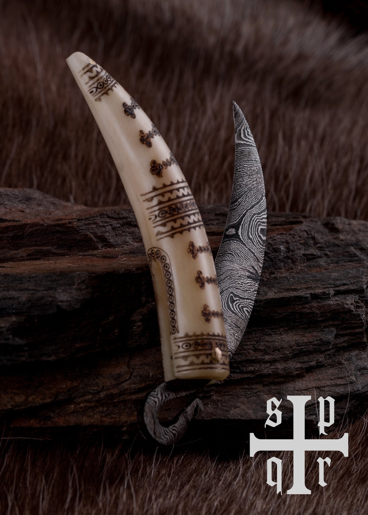 Viking folding knife damascus, semi-sharp