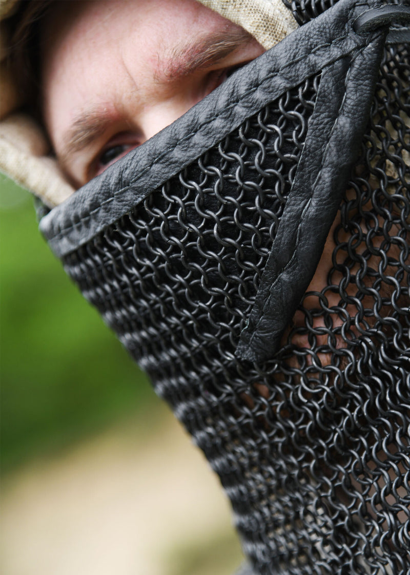 Chainmail coif with triangular ventail, blackened, 8 mm