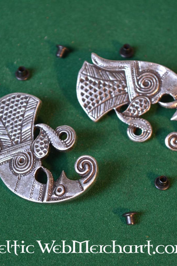 Germanic raven beltfitting migration period pair left and right, silvered bronze