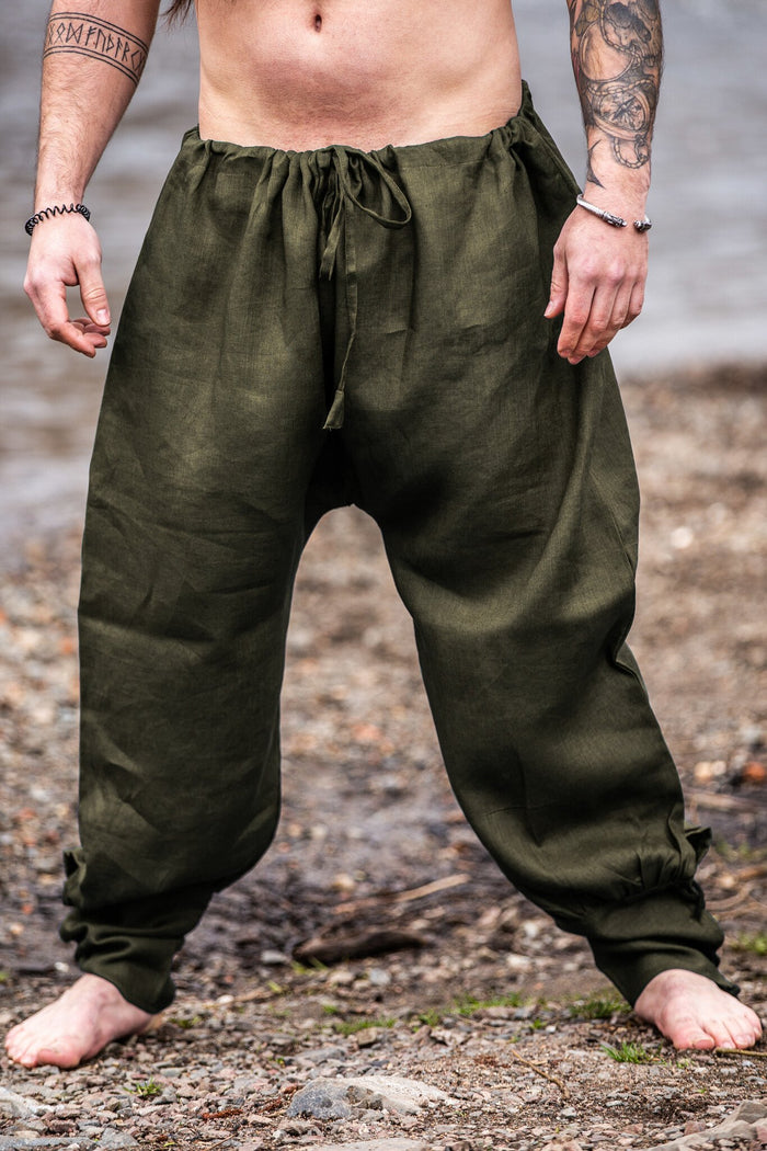 Linen Viking trousers Odin, olive green