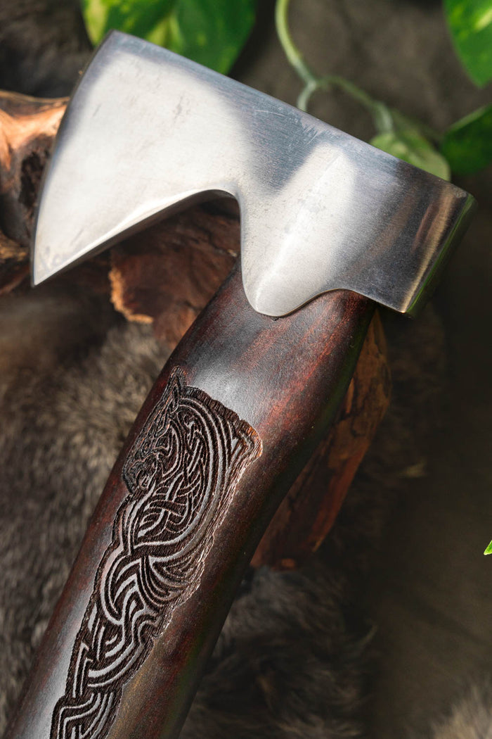 Stainless steel Viking hand axe with Mjolnir, semi-sharp