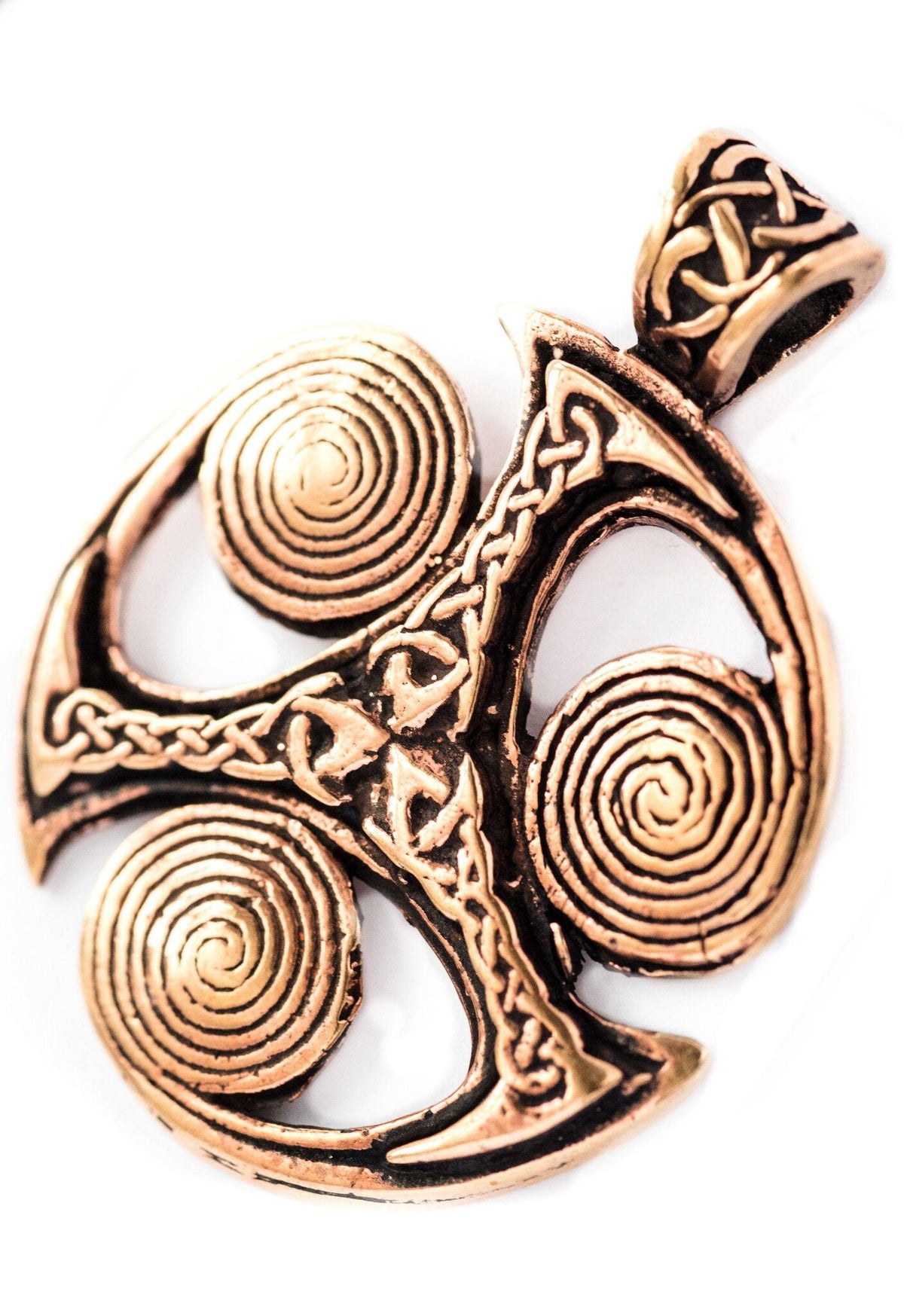 Celtic pendant triskelion with spirals, bronze