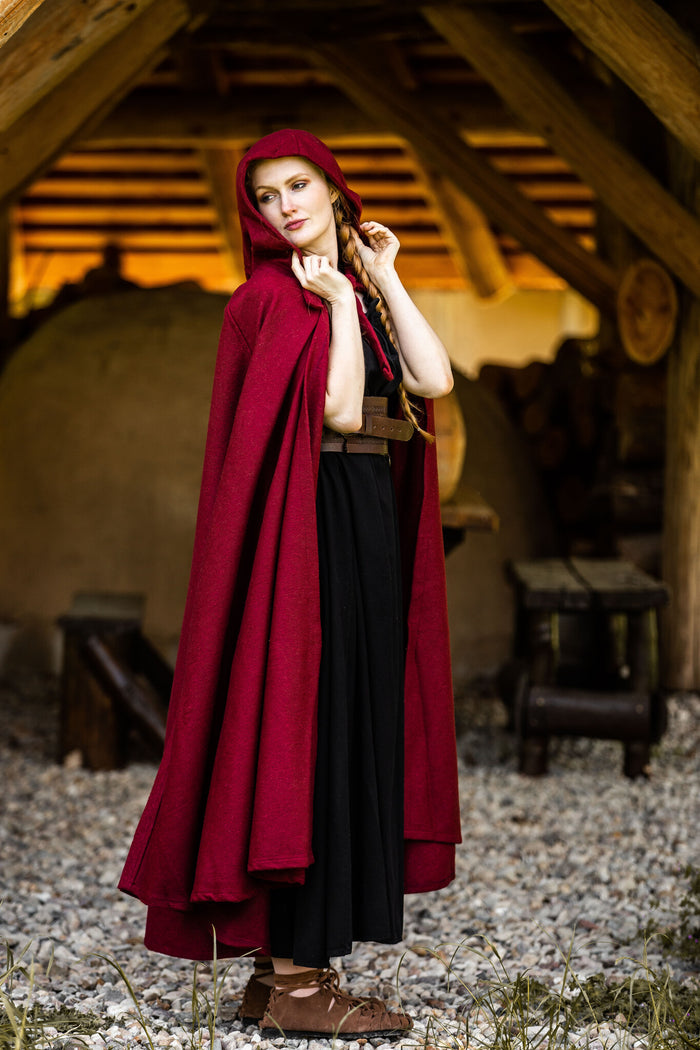 Medieval cloak with hood, red, wool mix