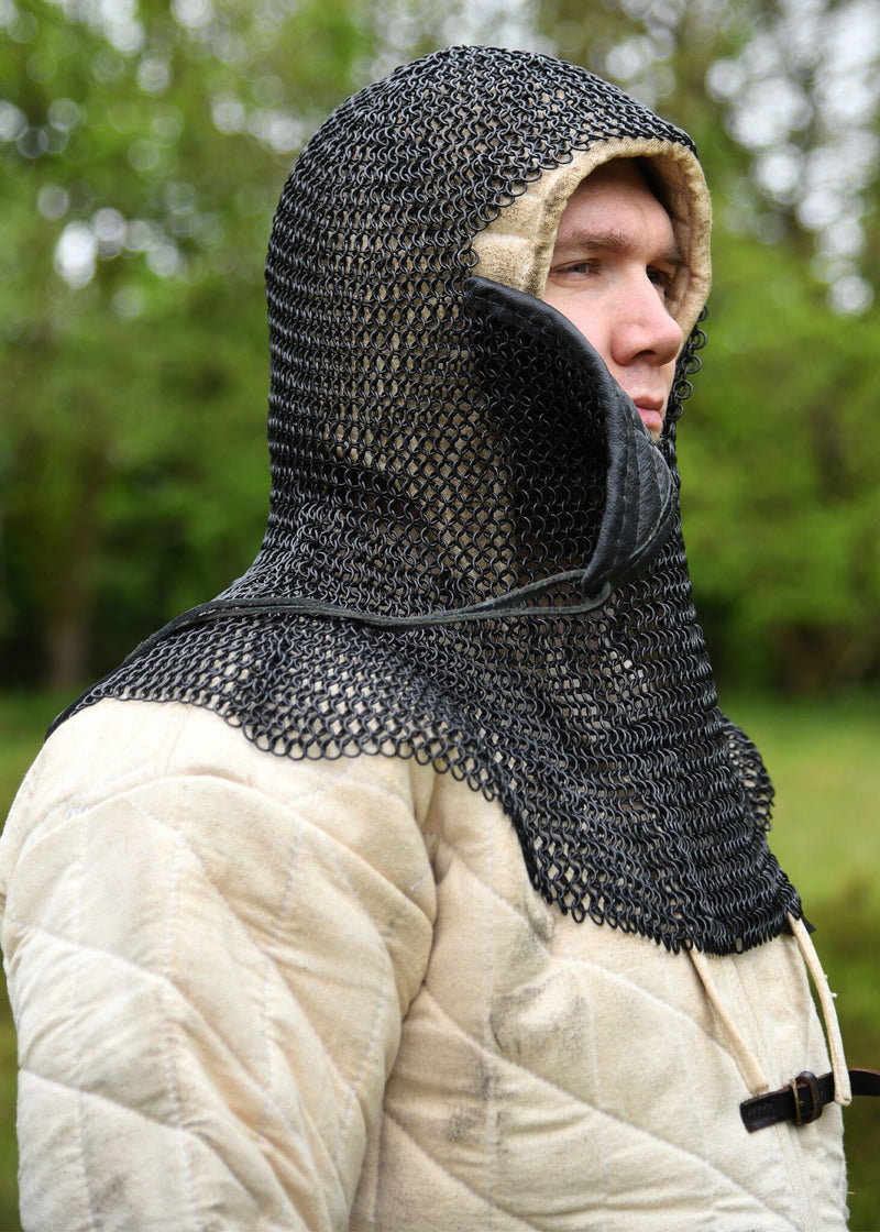 Chainmail coif with triangular ventail, blackened, 8 mm