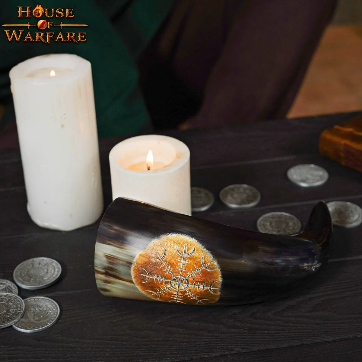 Engraved drinking horn Vegvisir with relief, 300-500 ml