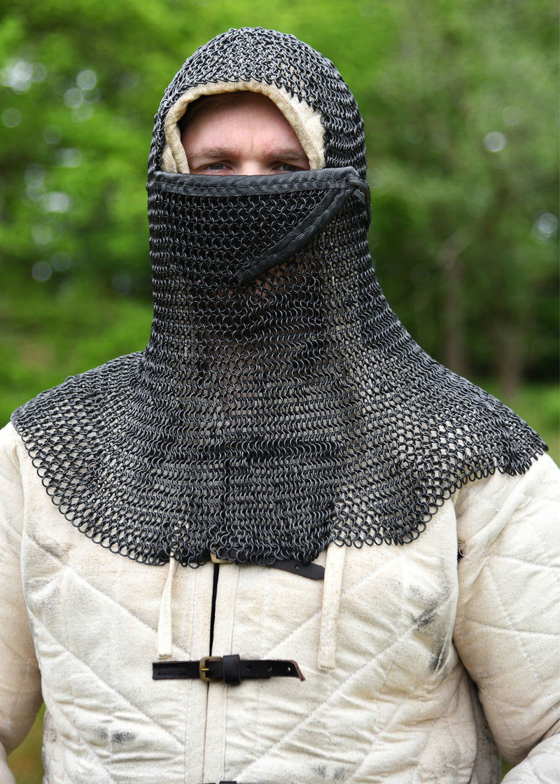 Chainmail coif with triangular ventail, blackened, 8 mm