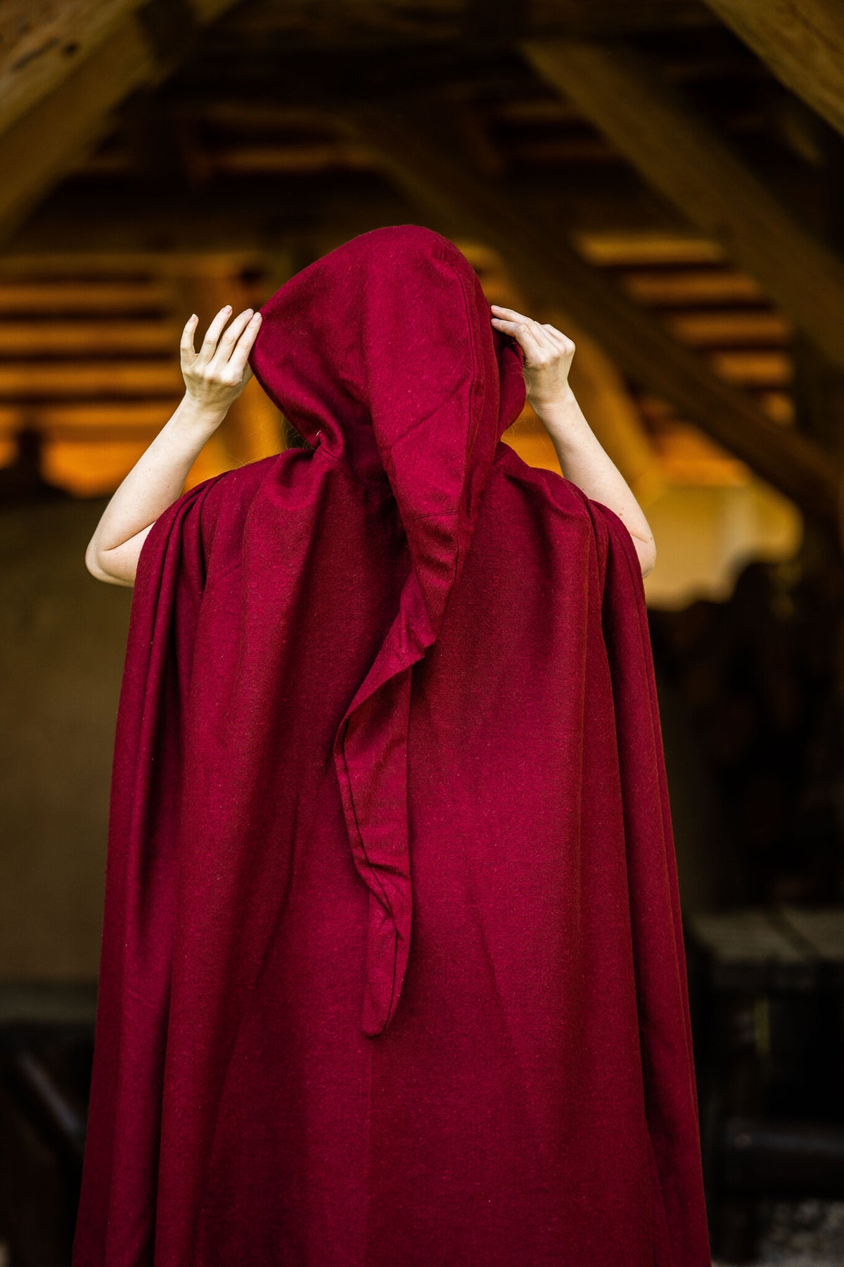 Medieval cloak with hood, red, wool mix
