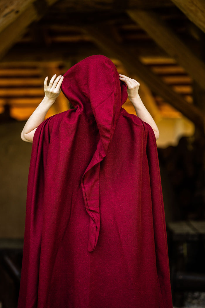 Medieval cloak with hood, red, wool mix