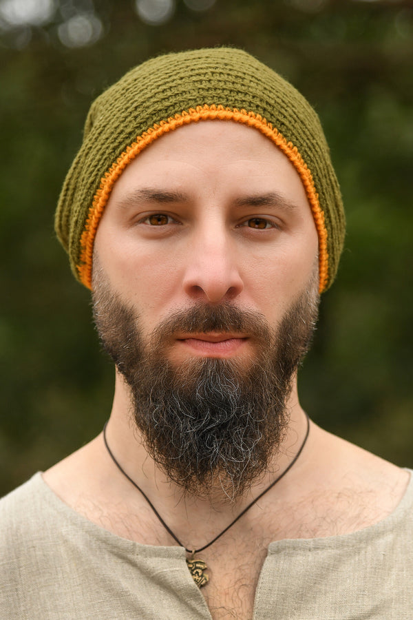 Crocheted cap, 100% wool, green - yellow