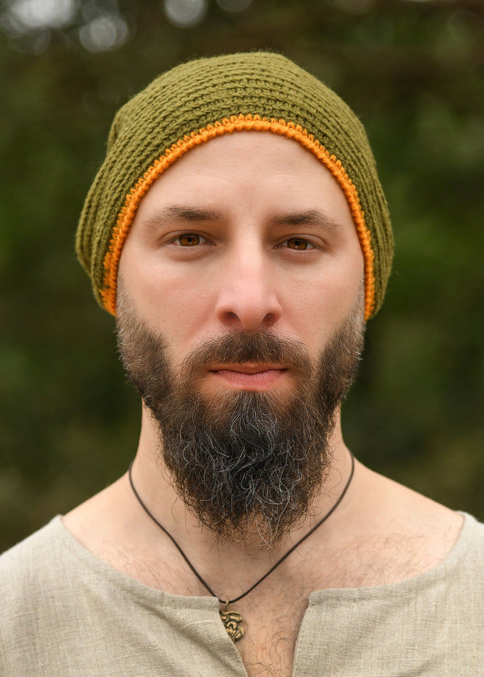 Crocheted cap, 100% wool, green - yellow