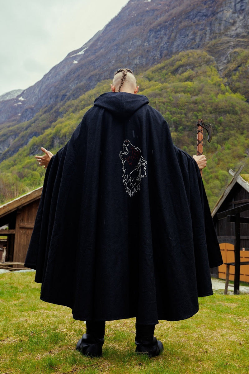 Manteau viking Fenrir, noir, mélange de laine