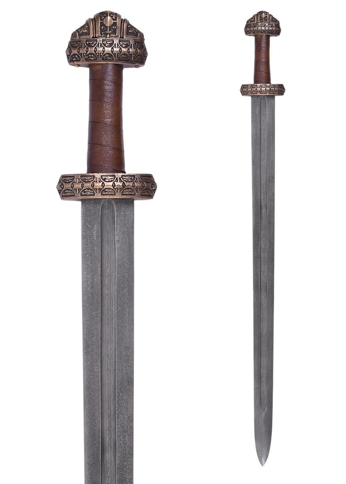 Viking sword island Eigg damascus steel, leather grip, semi-sharp