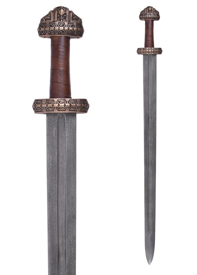 Vikingesværd fra øen Eigg i damaskusstål, lædergreb, semi-skarp