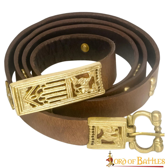 Medieval leather belt with brass fittings, brown