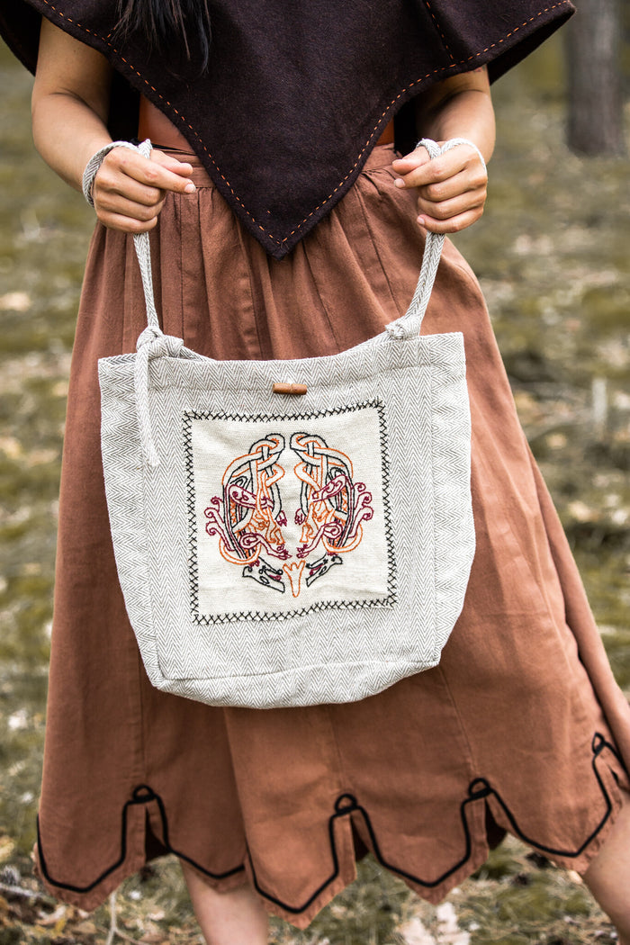 Embroidered Viking Bag Urnes with Herringbone Pattern