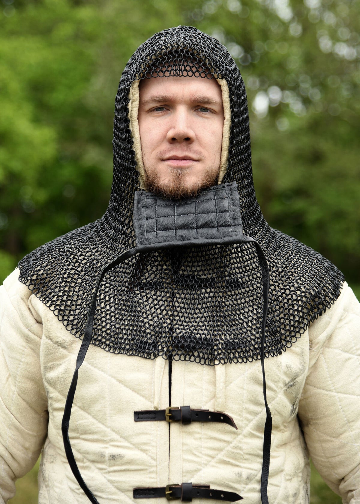 Chainmail coif with square ventail, bronzed, 8 mm