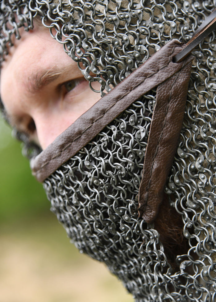 Chainmail coif with triangular ventail, round rings riveted, 8 mm