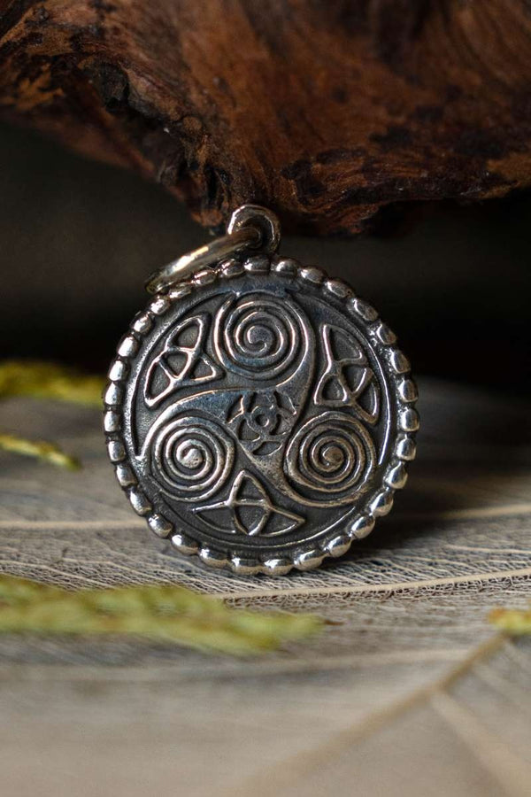Celtic pendant triskelion with spirals, sterling silver