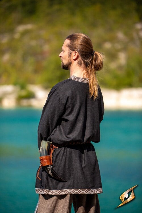 Viking tunic Hilmar, herringbone, black, wool blend