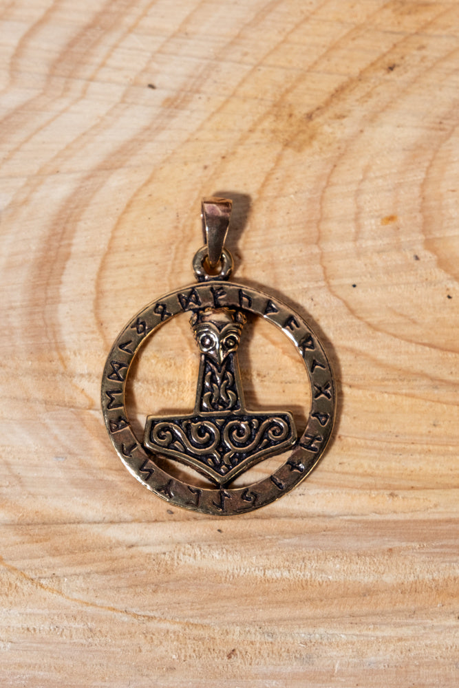Thor's hammer with Futhark, bronze