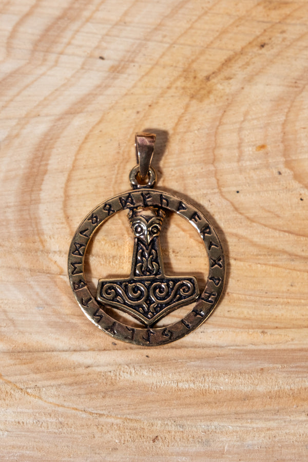 Thor's hammer with Futhark, bronze