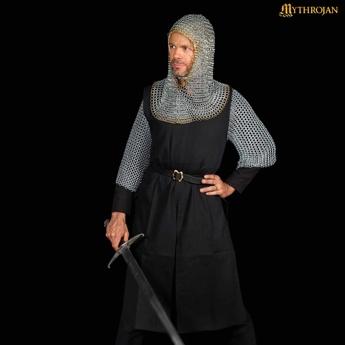 Galvanised chainmail coif, brass edge, butted round rings