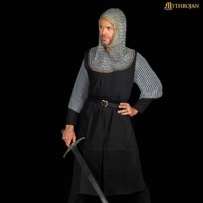 Galvanised chainmail coif, brass edge, butted round rings