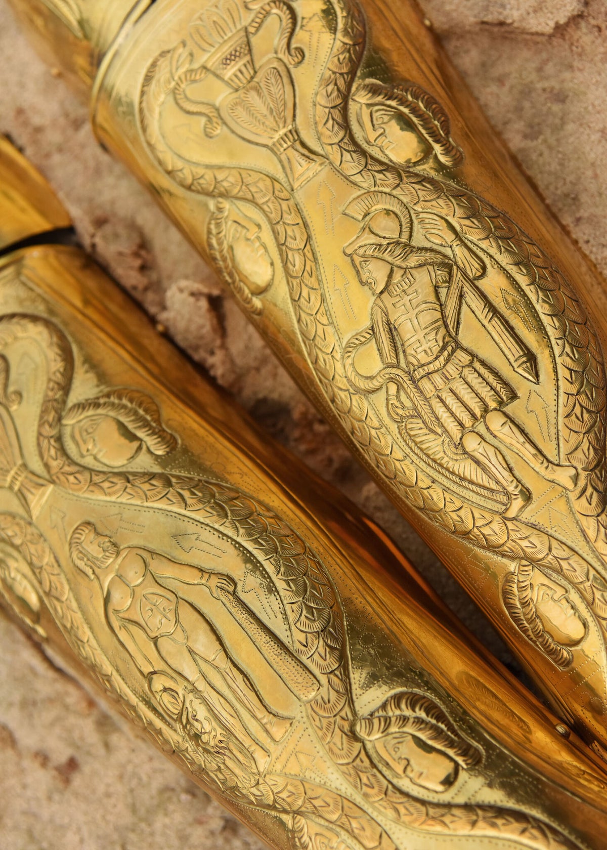 Praetorian Guard greaves, ocrae, brass, 1–1.2 mm